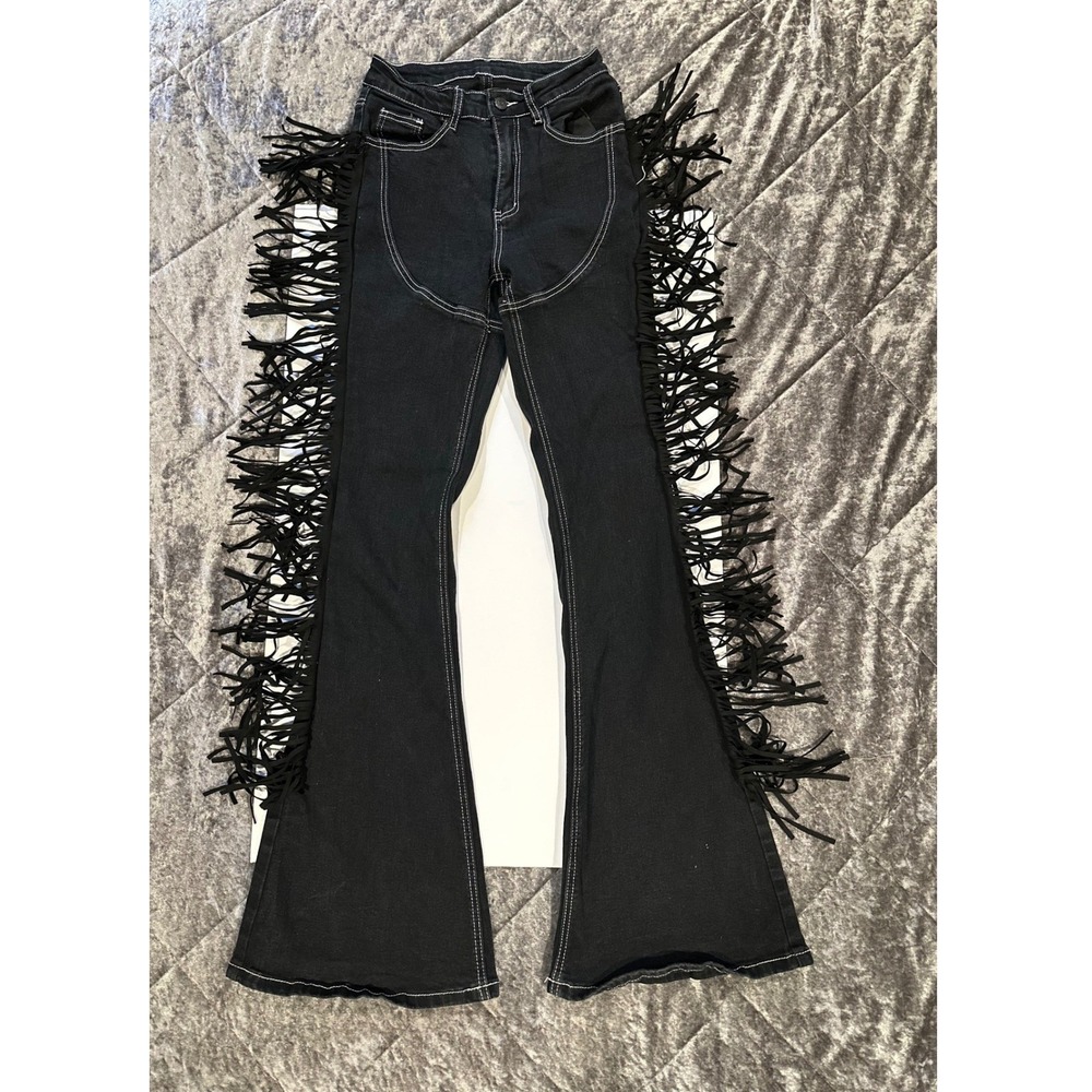 West Fade Fringe Flare Jeans Size 25 Black/White stitching